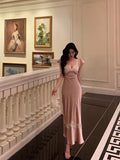 Hyphadao French Sheath V Neckline Long Pink Prom Dresses Birthday Outfits Evening Gown SD1053