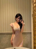 Hyphadao French Sheath V Neckline Long Pink Prom Dresses Birthday Outfits Evening Gown SD1053