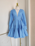 Hyphadao A line V Neckline Long Sleeves Spring Blue Casual Dress Beach Holiday Dresses SD323